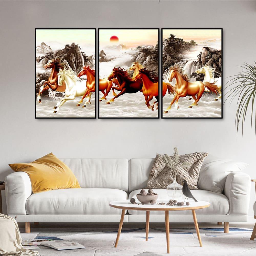 Seven Running Horses in Water Canvas Wall Painting of Five Pieces