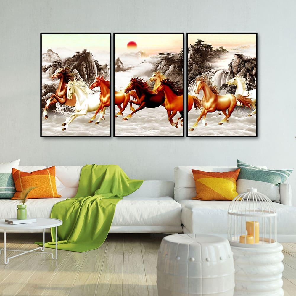 Seven Running Horses in Water Canvas Wall Painting of Five Pieces