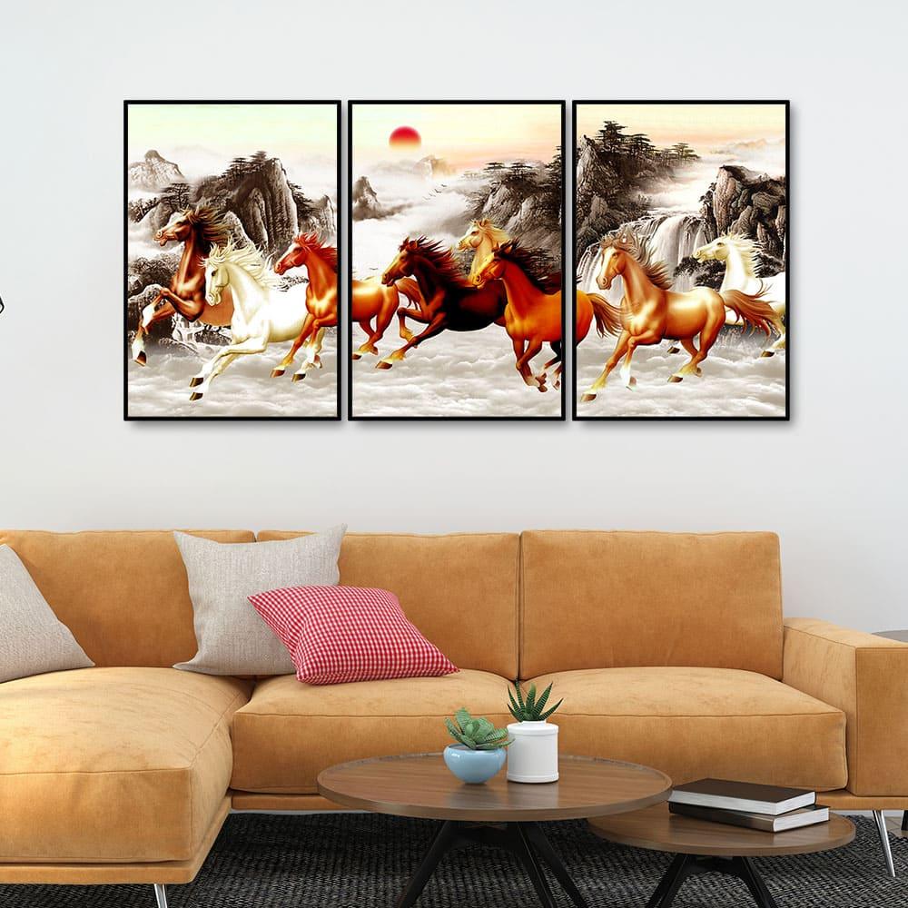 Seven Running Horses in Water Canvas Wall Painting of Five Pieces