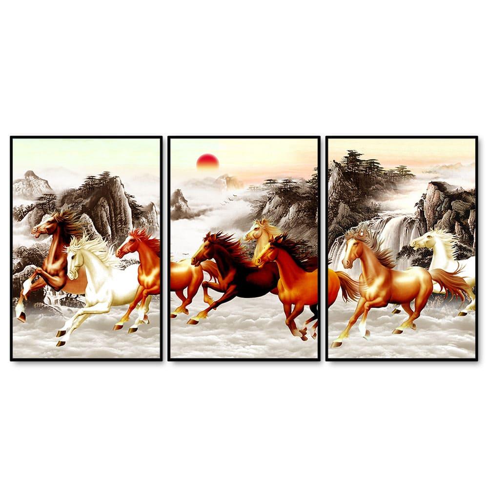 Seven Running Horses in Water Canvas Wall Painting of Five Pieces