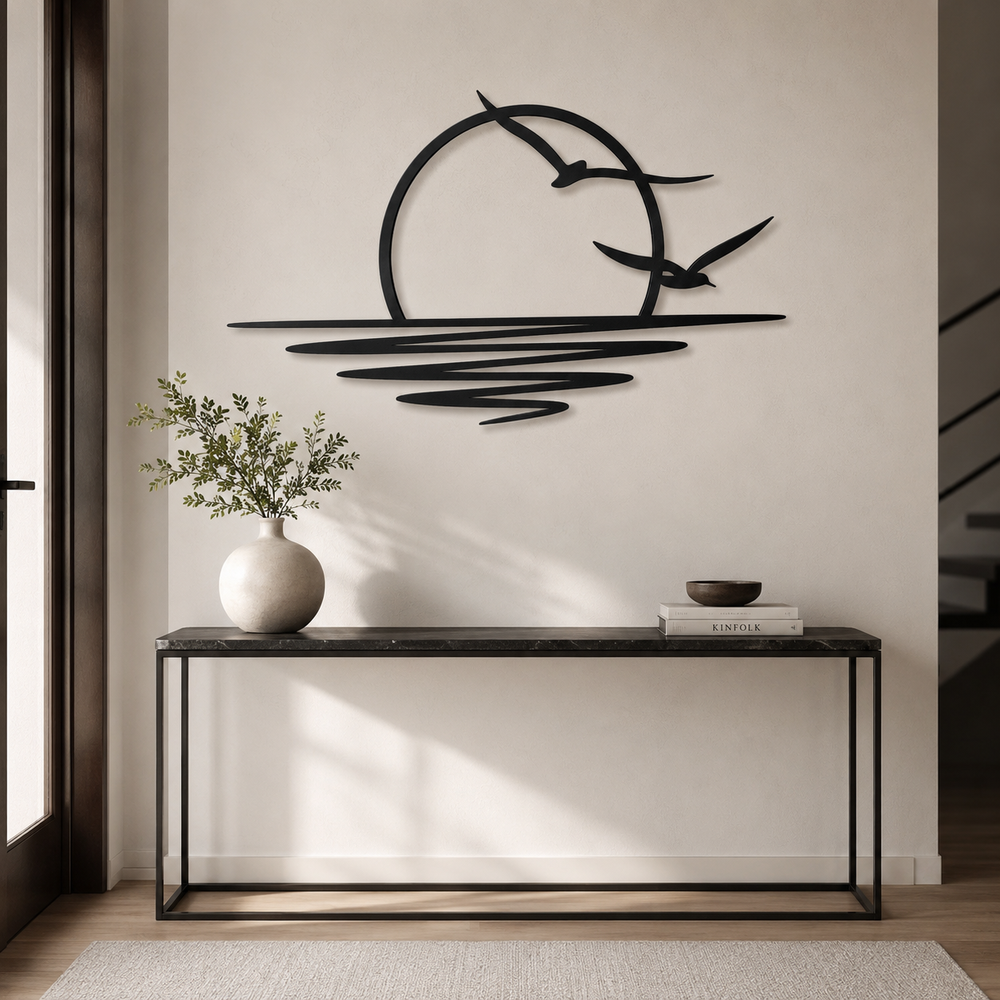 Flying Birds River Sunset Silhouette Metal Art Wall Decor
