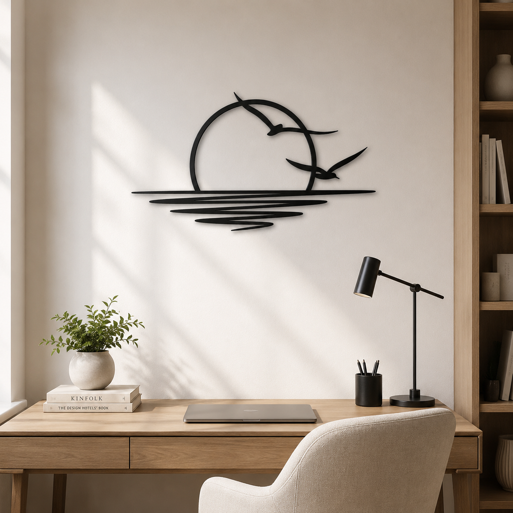 Flying Birds River Sunset Silhouette Metal Art Wall Decor