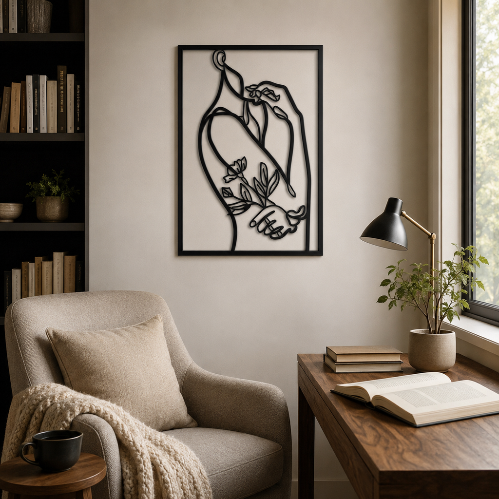 Women With Flower Line Metal Artwork Wall Decor