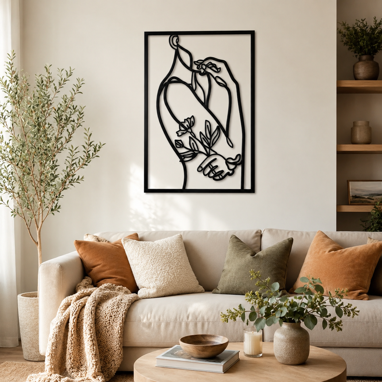 Women With Flower Line Metal Artwork Wall Decor