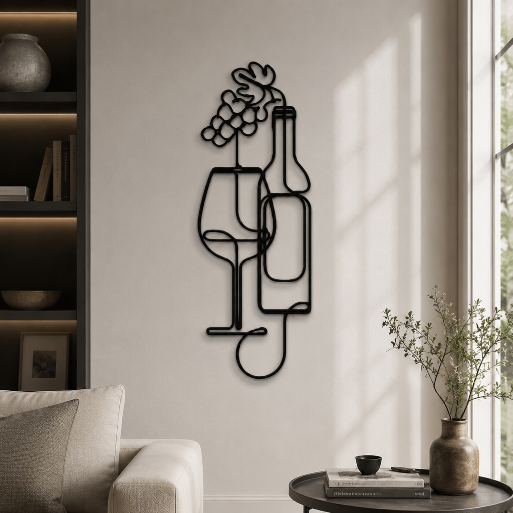 Flowers in Wine Bottle Glass Line Metal Art Wall Decor