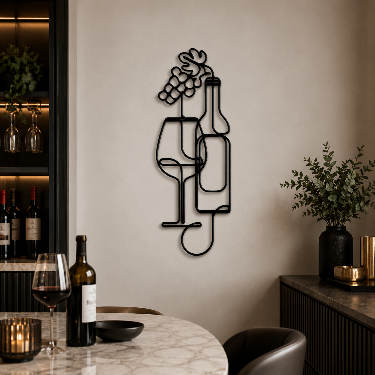 Flowers in Wine Bottle Glass Line Metal Art Wall Decor