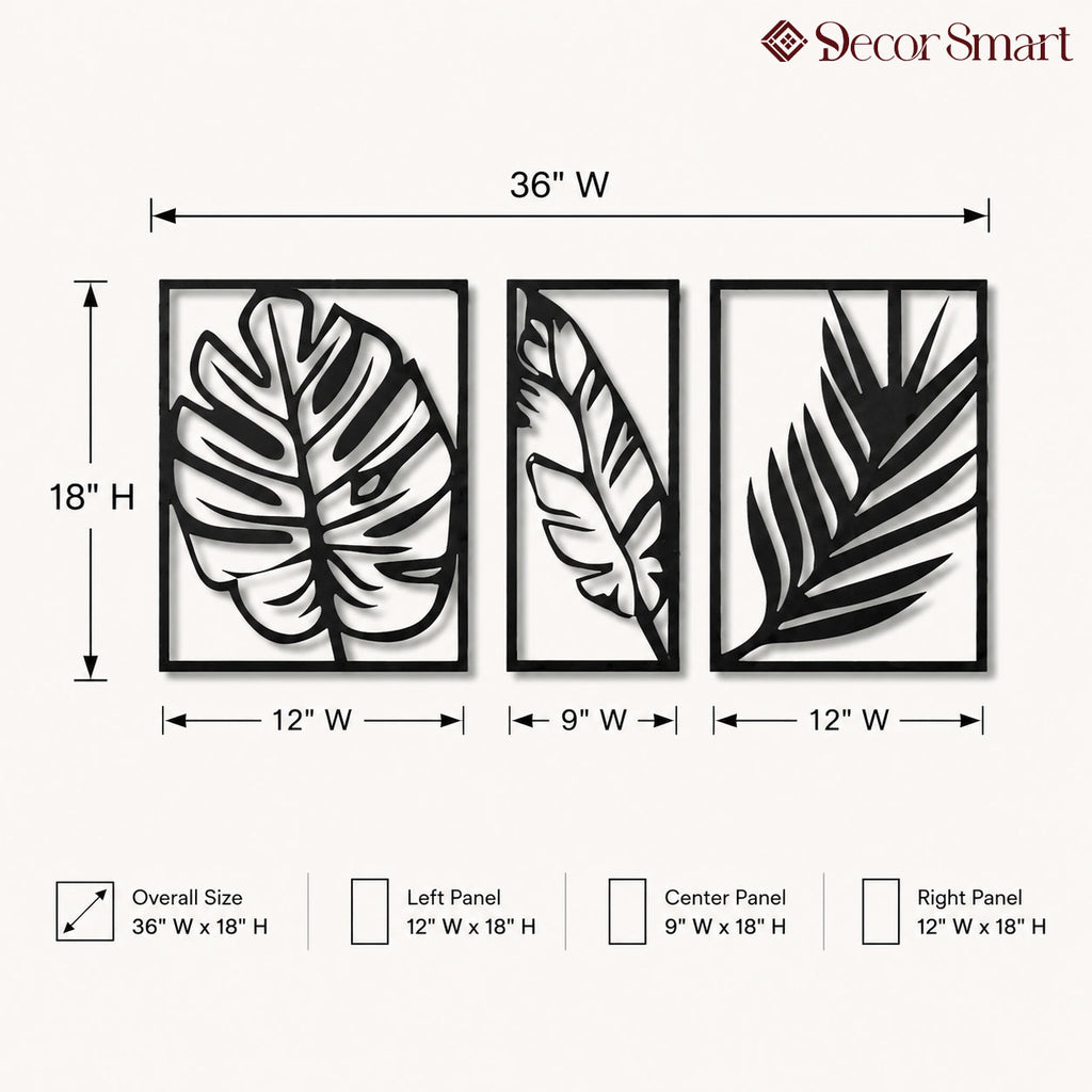 Tropical Palm Leaf Three Frames Metal Art Wall Decor
