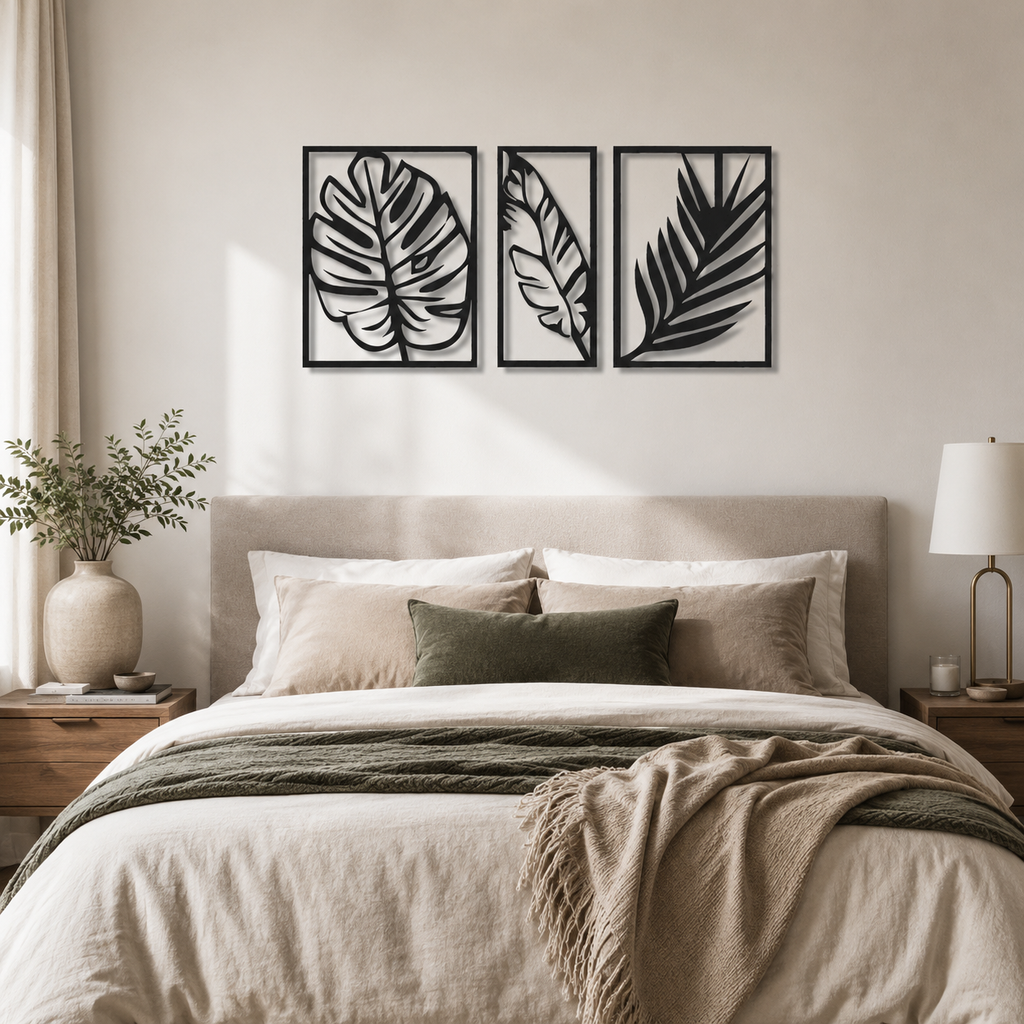Tropical Palm Leaf Three Frames Metal Art Wall Decor