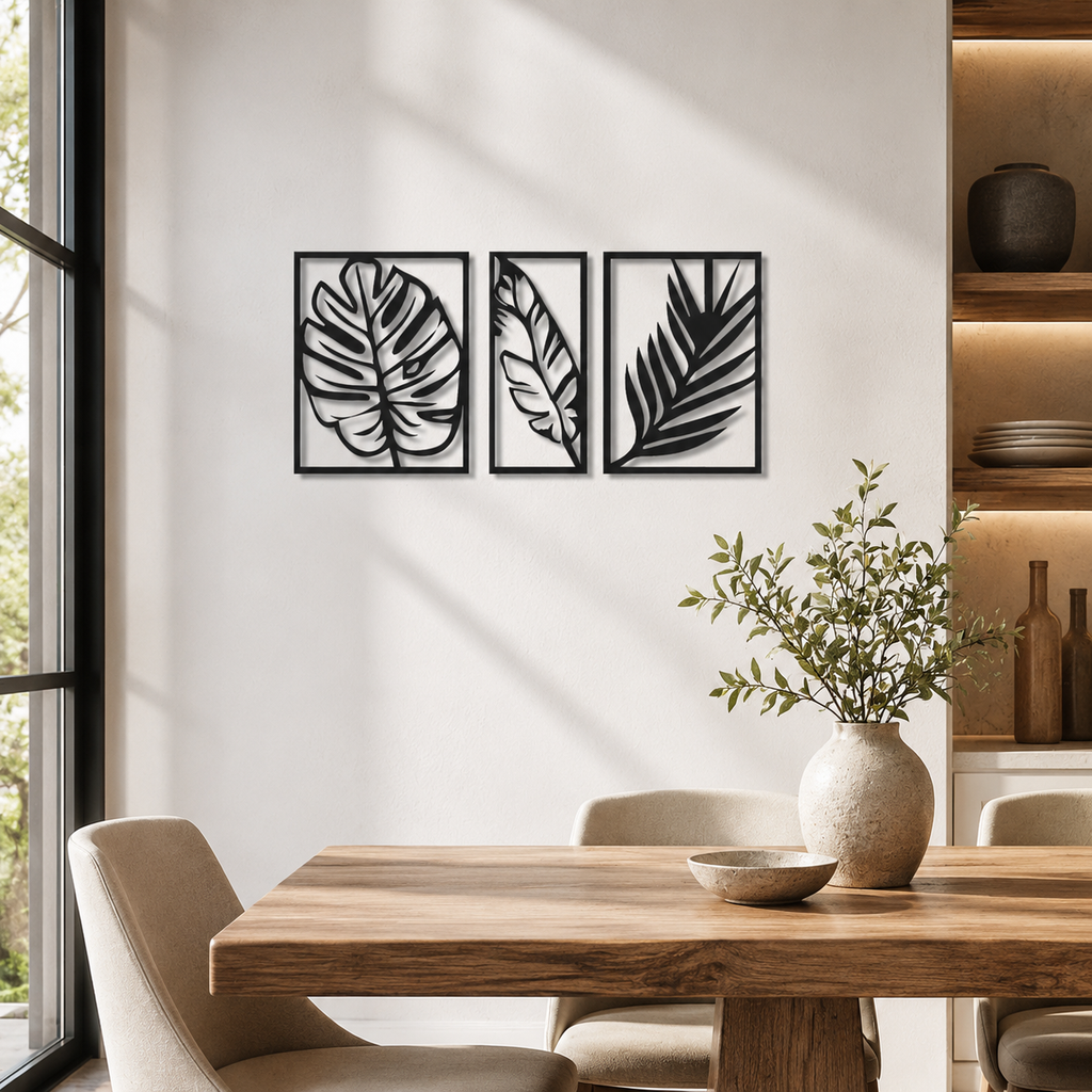 Tropical Palm Leaf Three Frames Metal Art Wall Decor