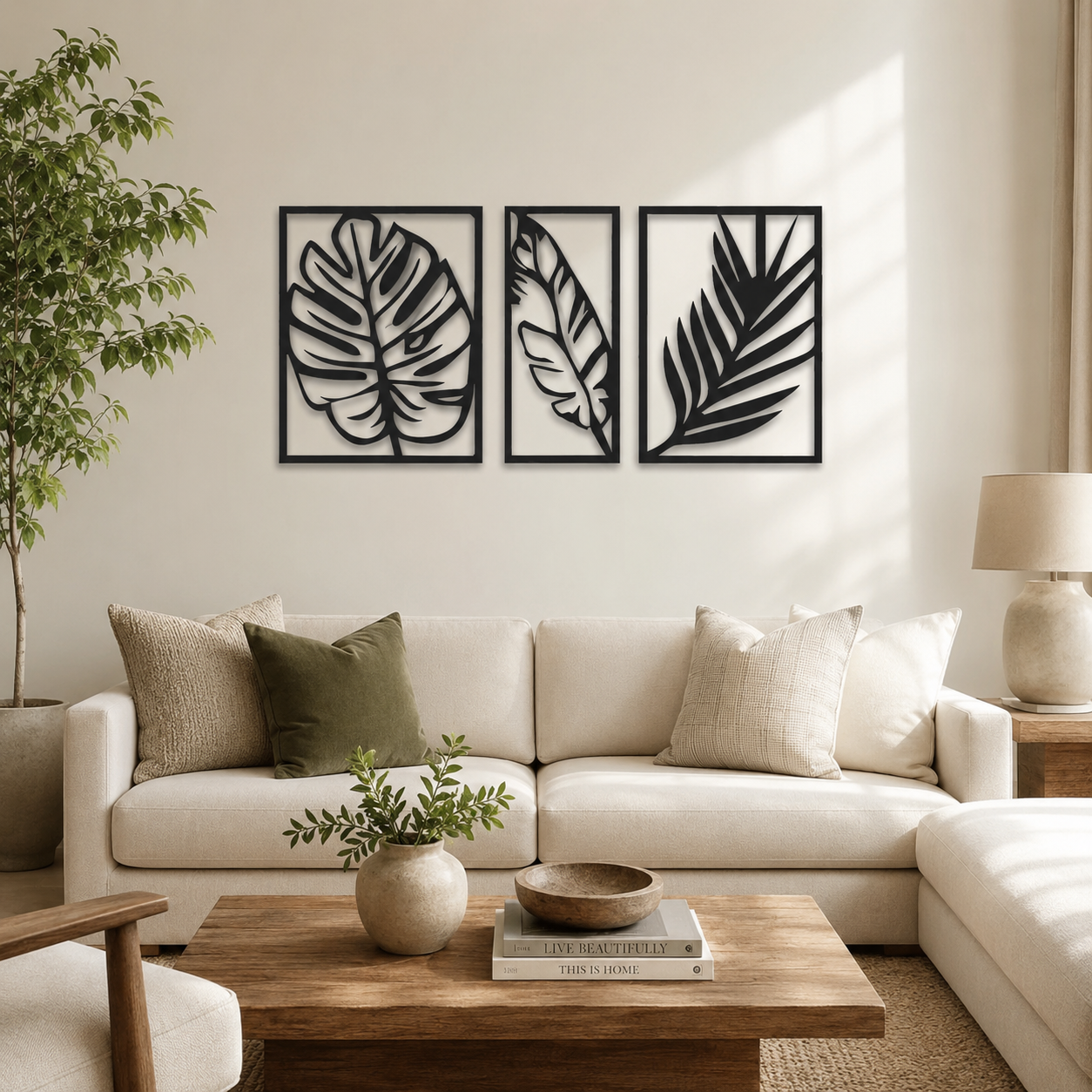 Tropical Palm Leaf Three Frames Metal Art Wall Decor