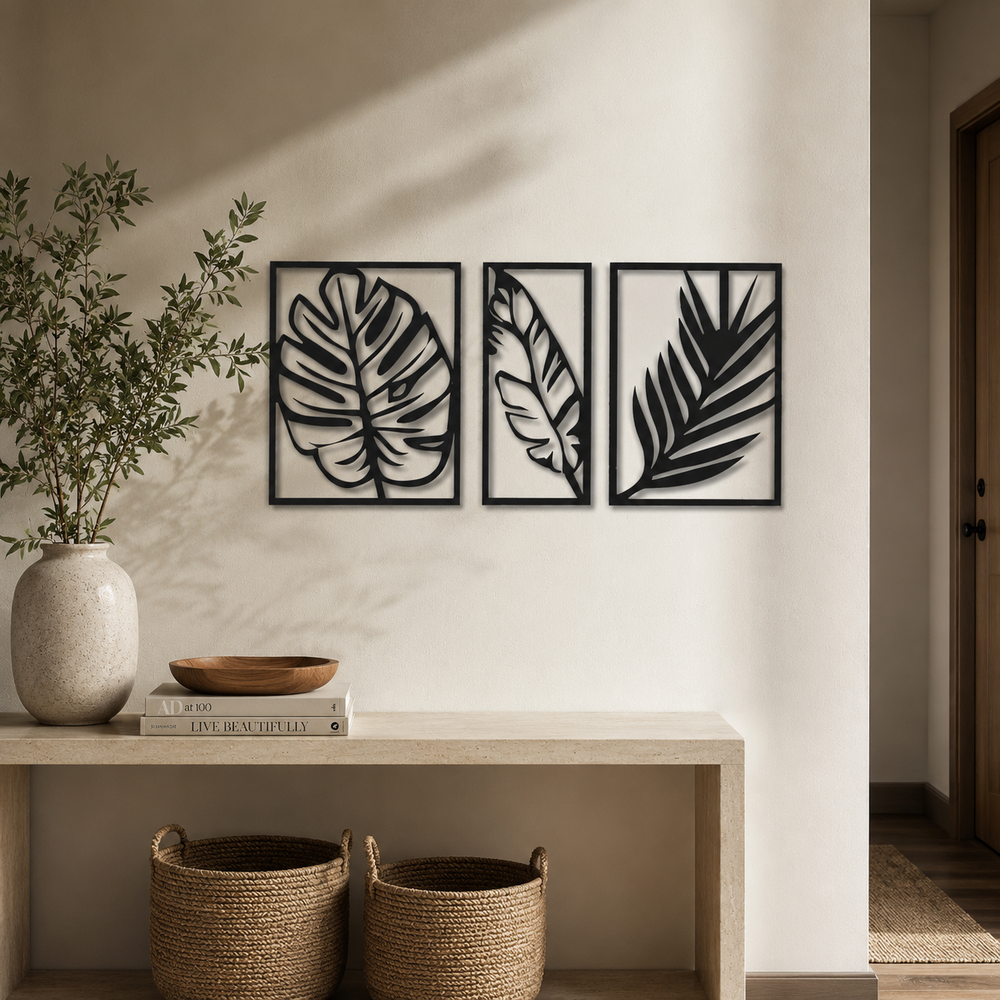 Tropical Palm Leaf Three Frames Metal Art Wall Decor