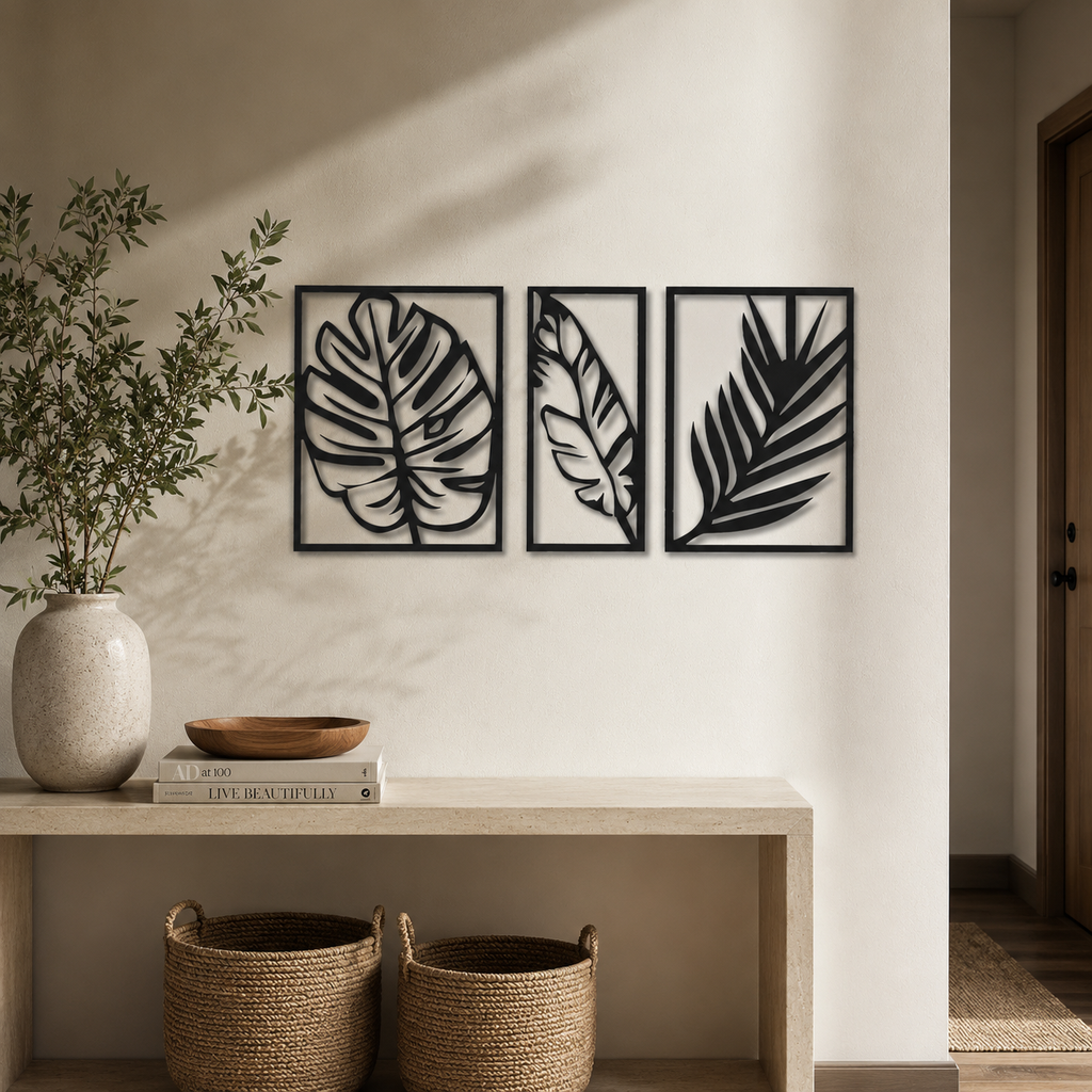 Tropical Palm Leaf Three Frames Metal Art Wall Decor