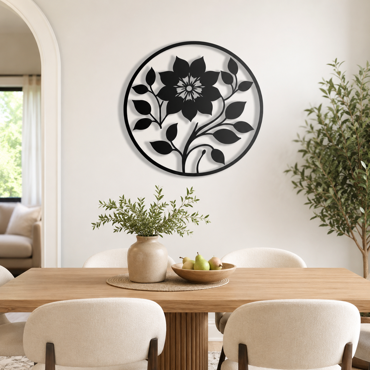 Leaf Flower Designed Circle Metal Art Wall Decor