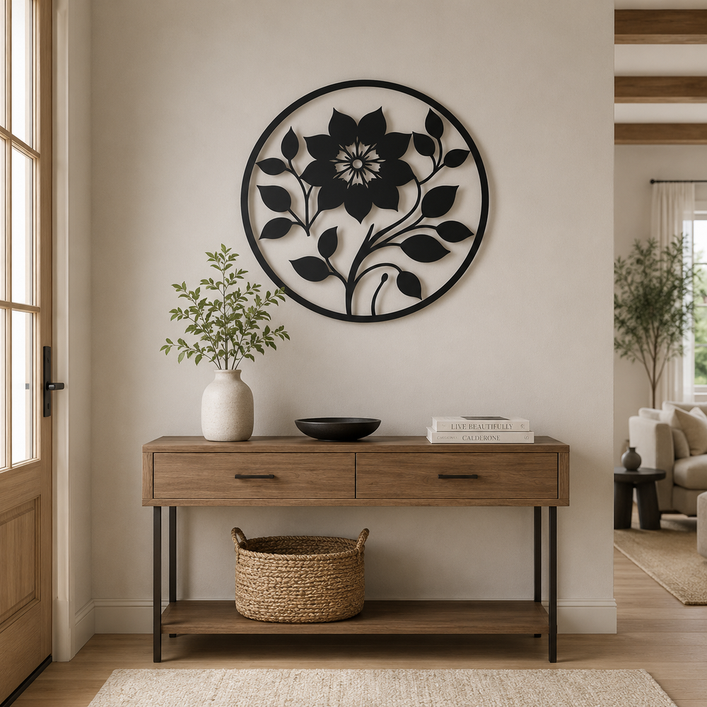 Leaf Flower Designed Circle Metal Art Wall Decor