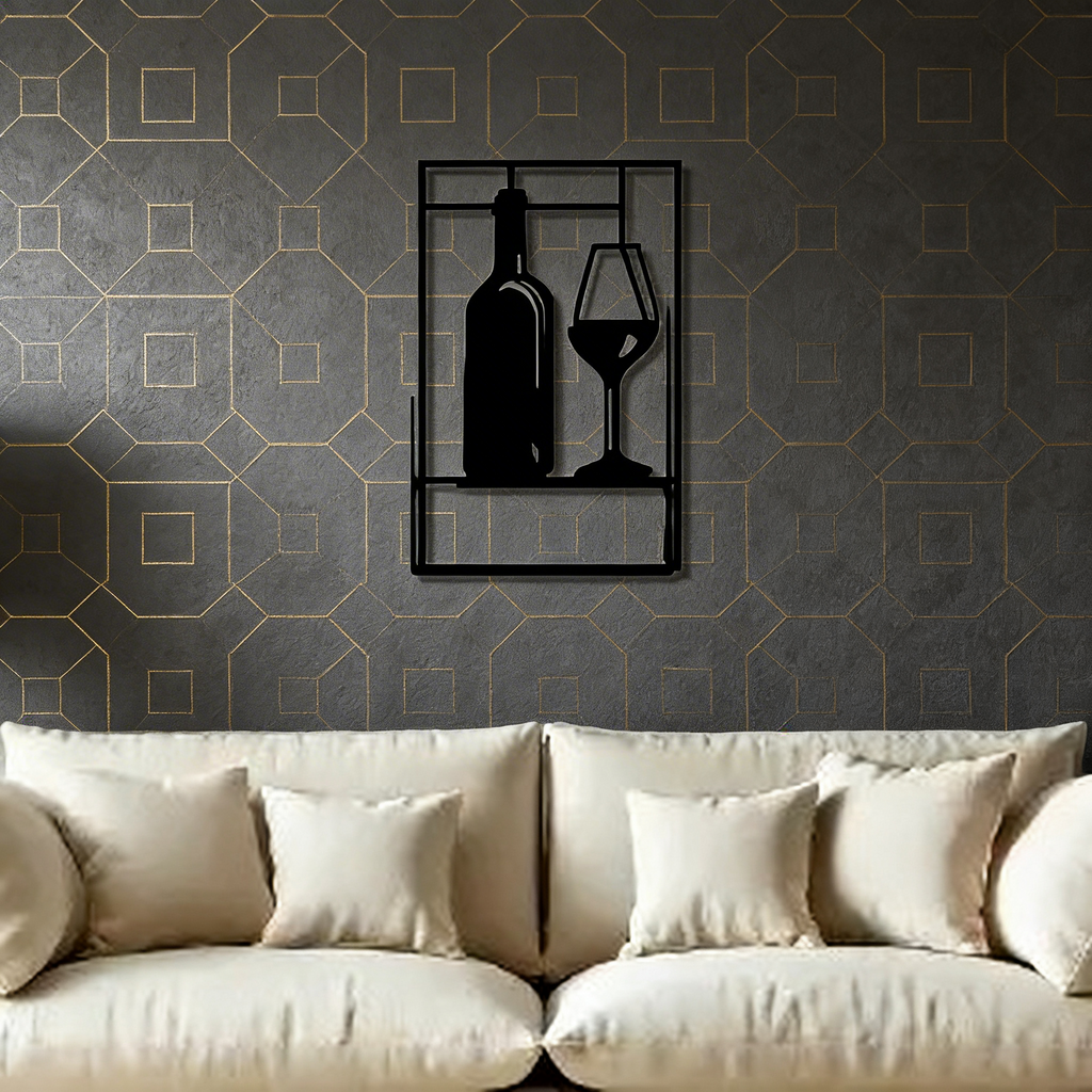 Wine Bottle with Glass Design Bar Metal Art Wall Decor