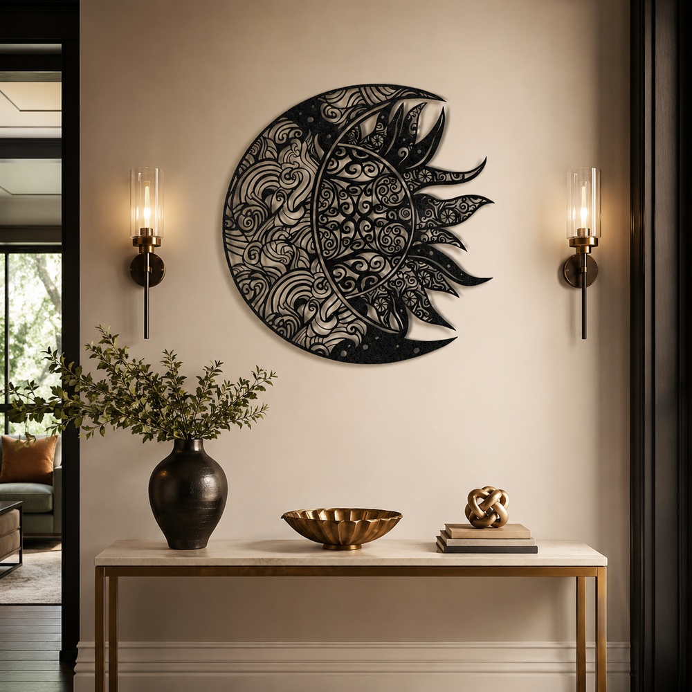 Intricate Sun and Moon Mandala Metal Art Wall Decor