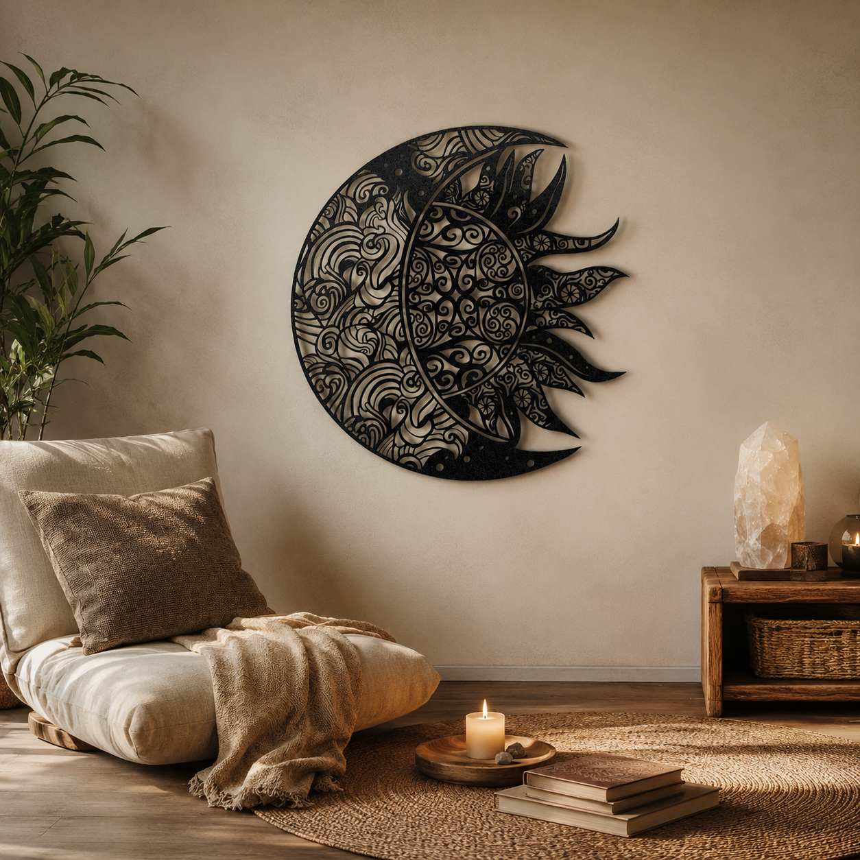 Intricate Sun and Moon Mandala Metal Art Wall Decor