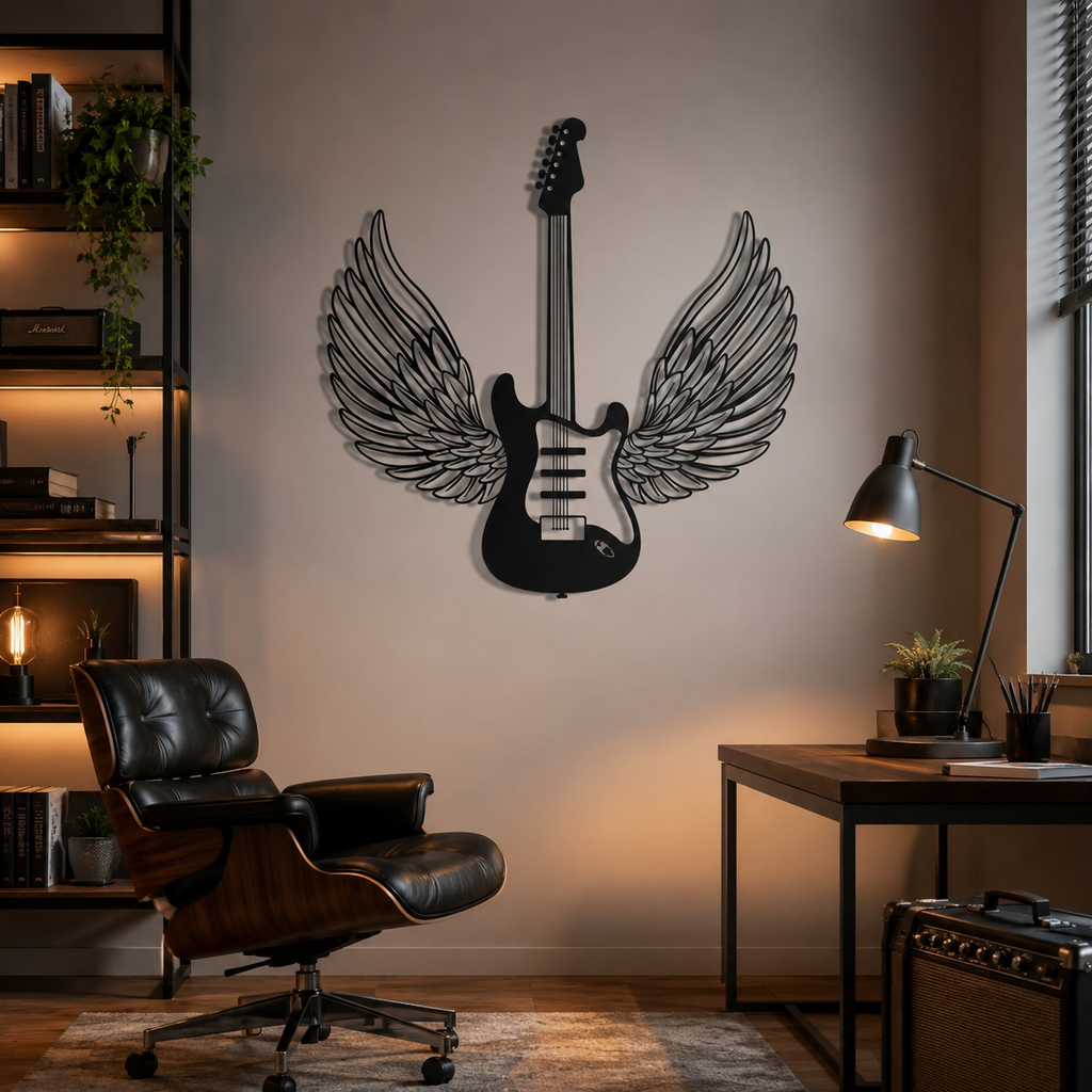 Winged Guitar Designed Metal Art Wall Decor