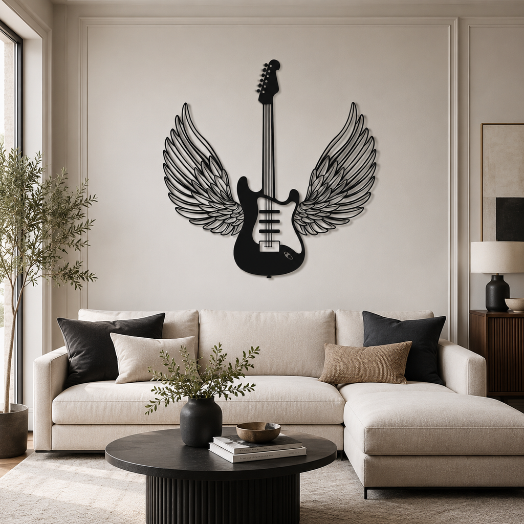 Winged Guitar Designed Metal Art Wall Decor