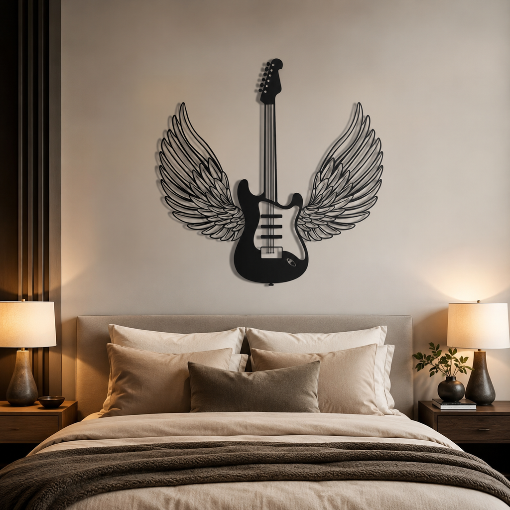 Winged Guitar Designed Metal Art Wall Decor