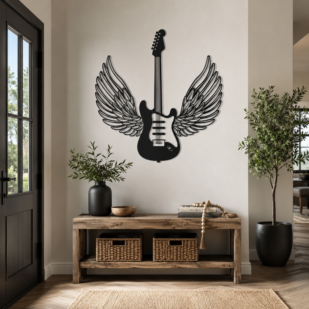Winged Guitar Designed Metal Art Wall Decor