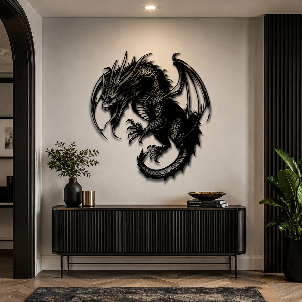 Mythical Angry Dragon Silhouette Metal Art Wall Decor