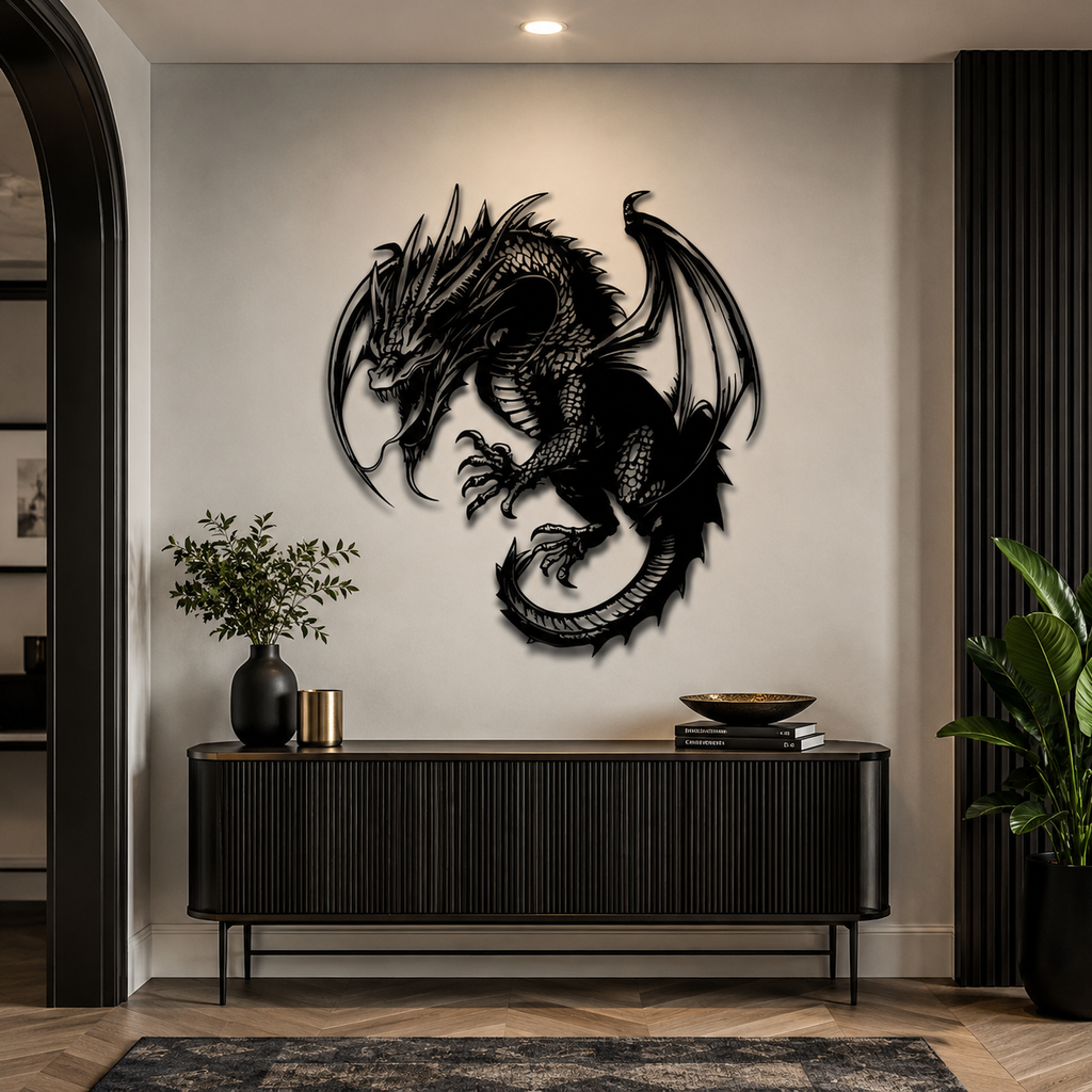 Mythical Angry Dragon Silhouette Metal Art Wall Decor