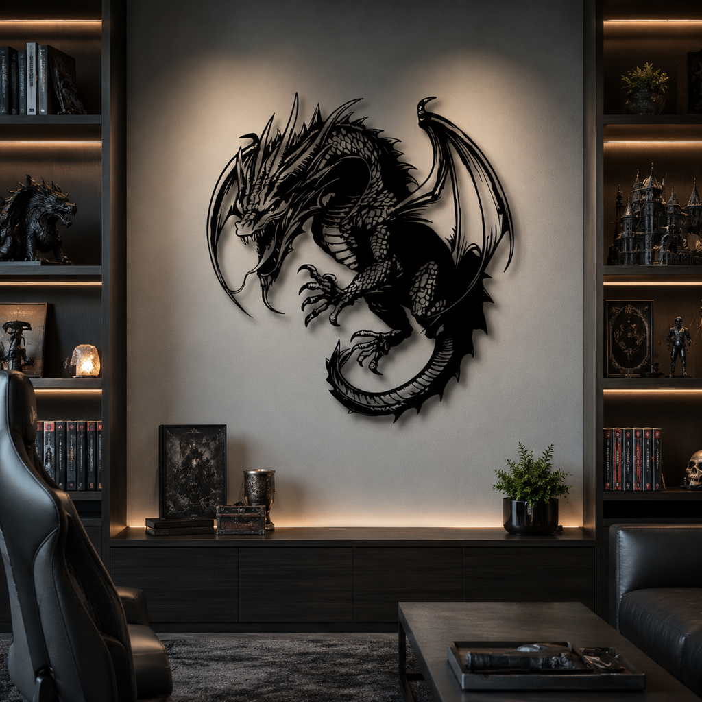 Mythical Angry Dragon Silhouette Metal Art Wall Decor