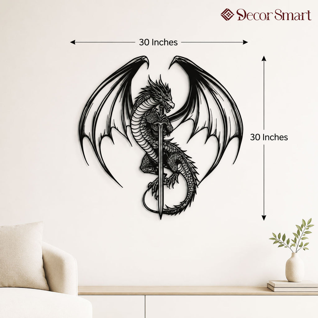 Flying Dragon with Sword Metal Wall Art Decor