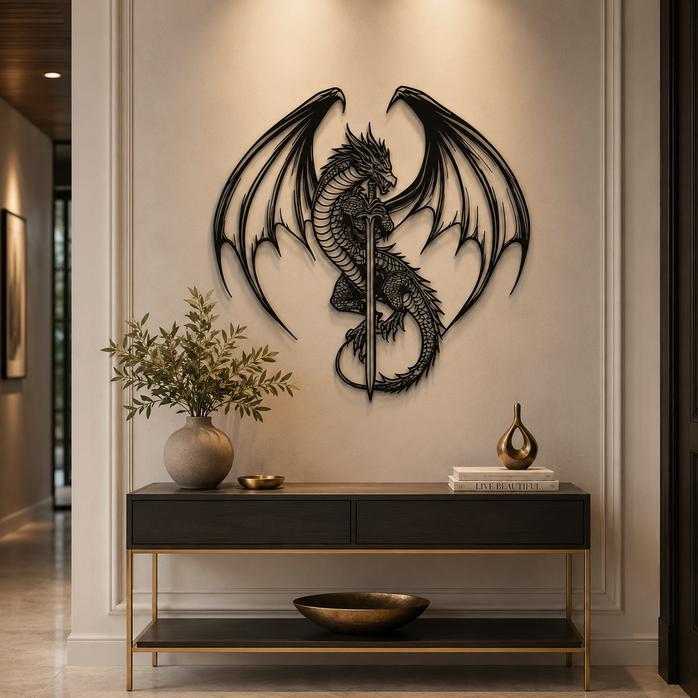 Flying Dragon with Sword Metal Wall Art Decor