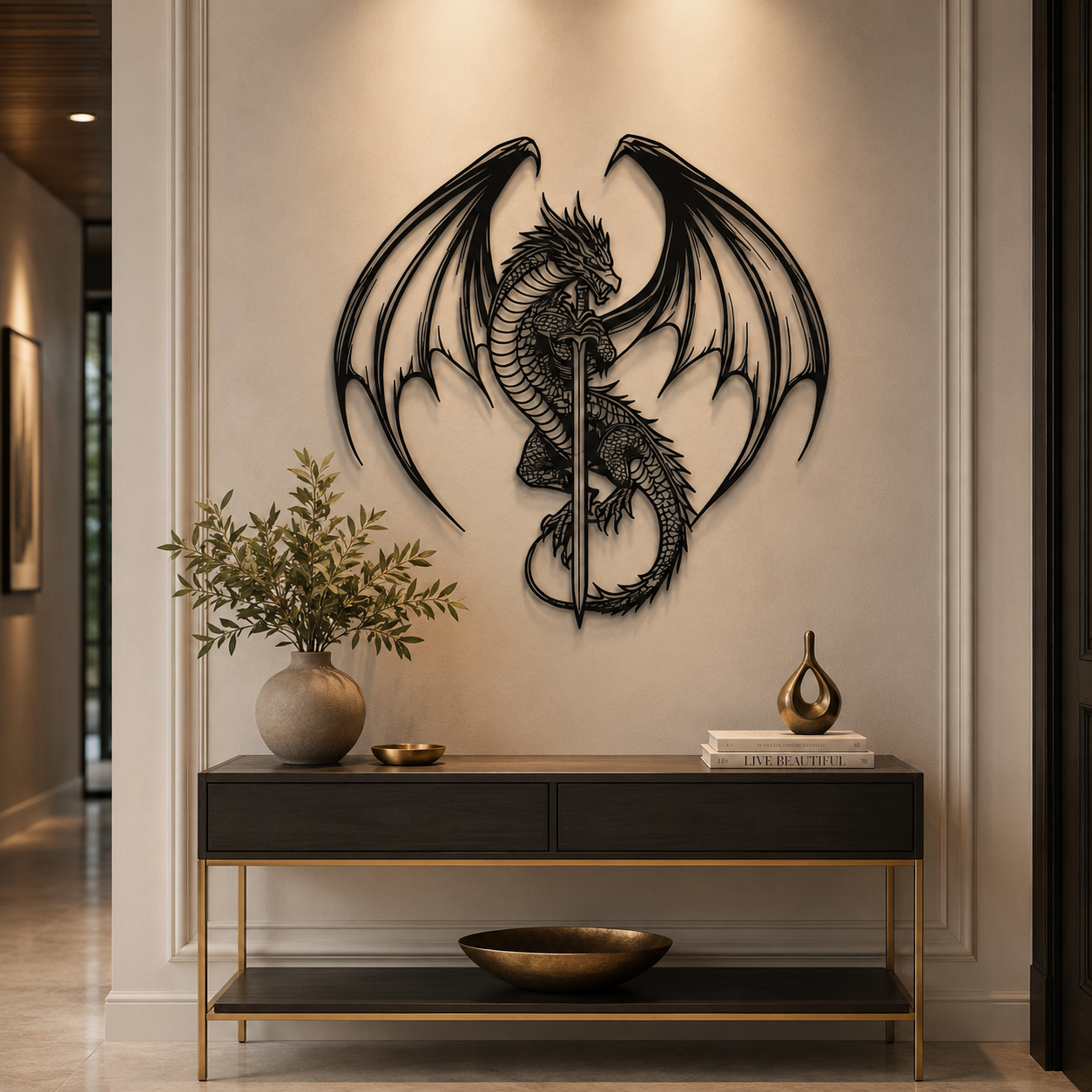 Flying Dragon with Sword Metal Wall Art Decor