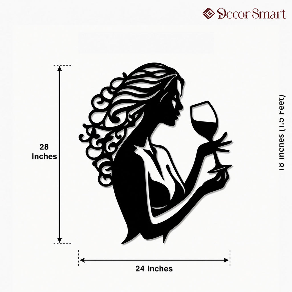 Beautiful Curly Hair Women With Wine Metal Wall Art Decor