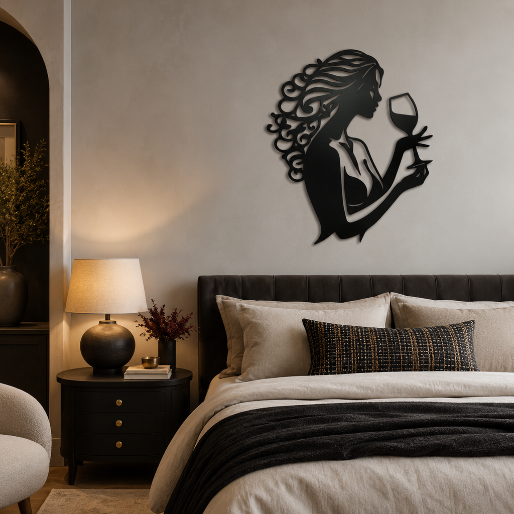 Beautiful Curly Hair Women With Wine Metal Wall Art Decor