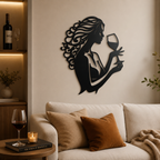 Beautiful Curly Hair Women With Wine Metal Wall Art Decor