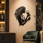 Beautiful Curly Hair Women With Wine Metal Wall Art Decor