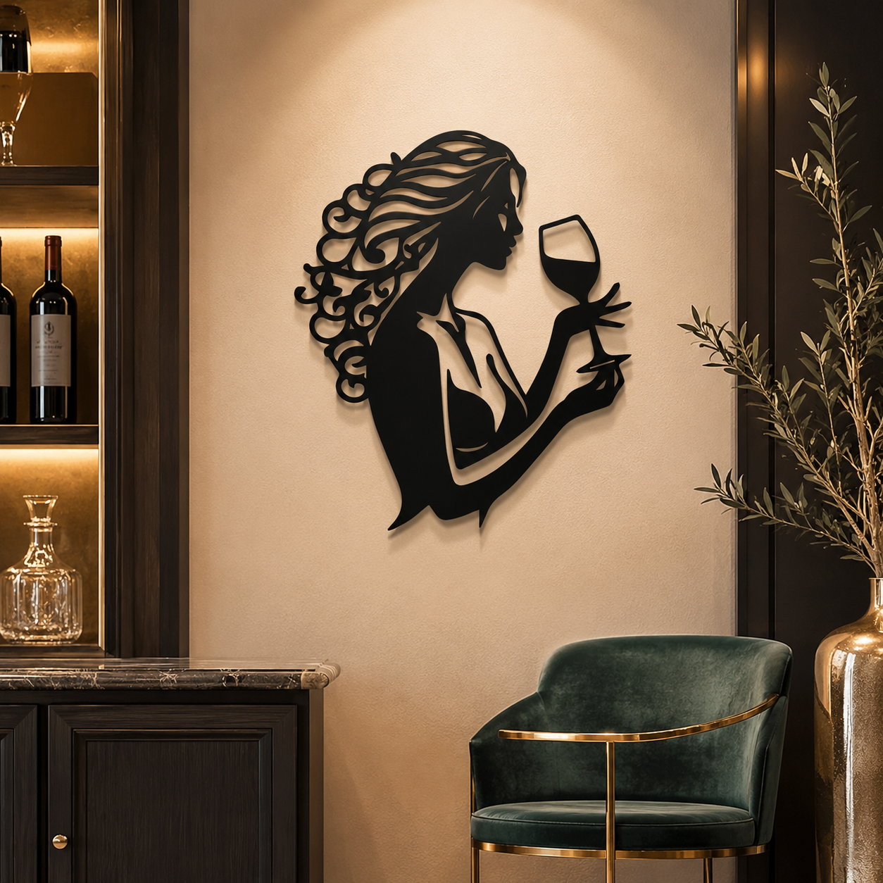 Beautiful Curly Hair Women With Wine Metal Wall Art Decor