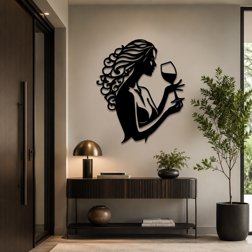 Beautiful Curly Hair Women With Wine Metal Wall Art Decor