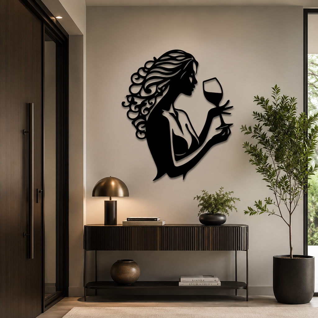 Beautiful Curly Hair Women With Wine Metal Wall Art Decor
