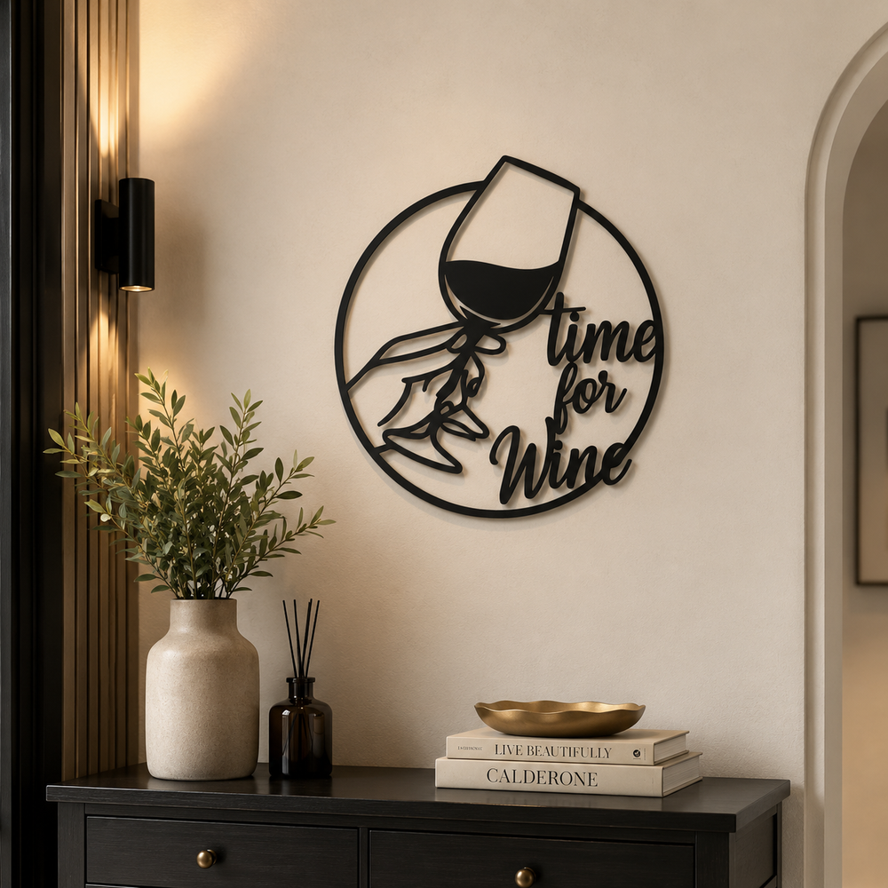 Time for Wine Text with Glass Metal Wall Art Decor