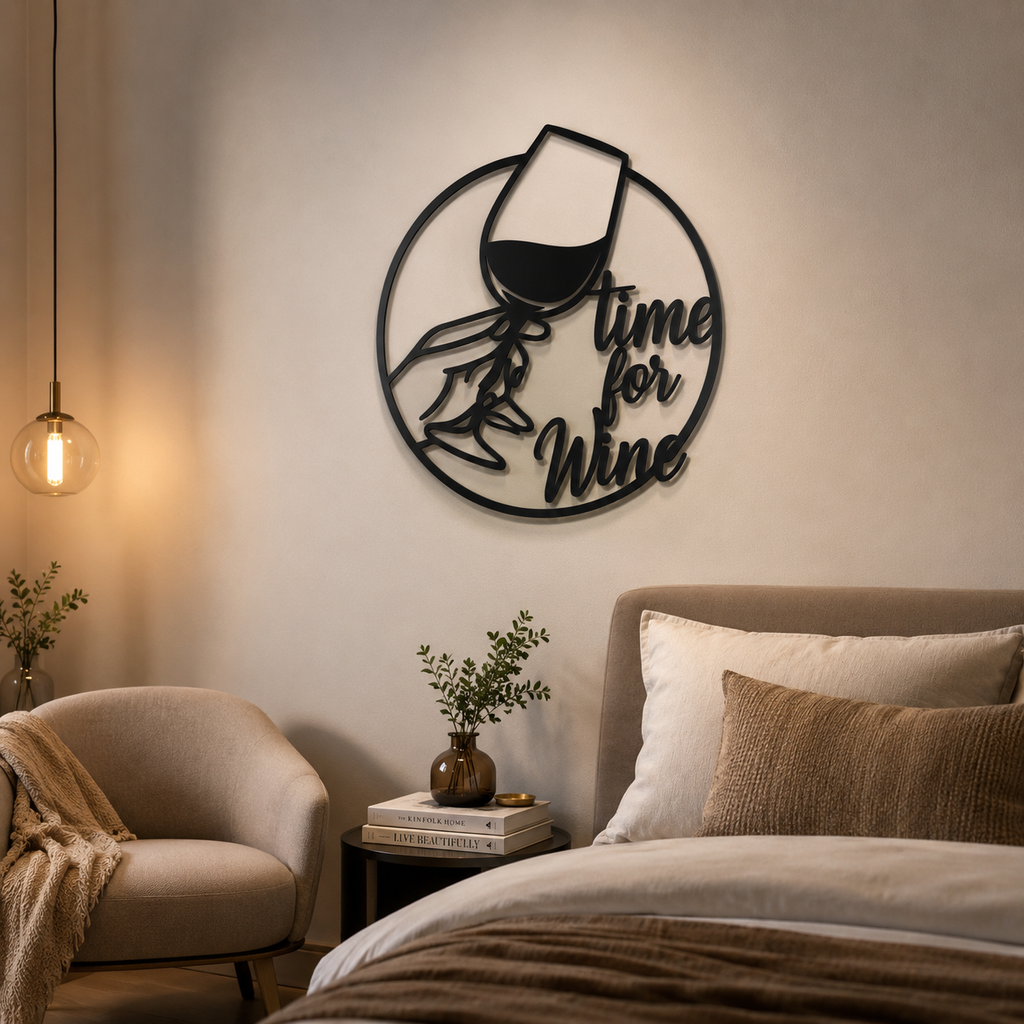 Time for Wine Text with Glass Metal Wall Art Decor