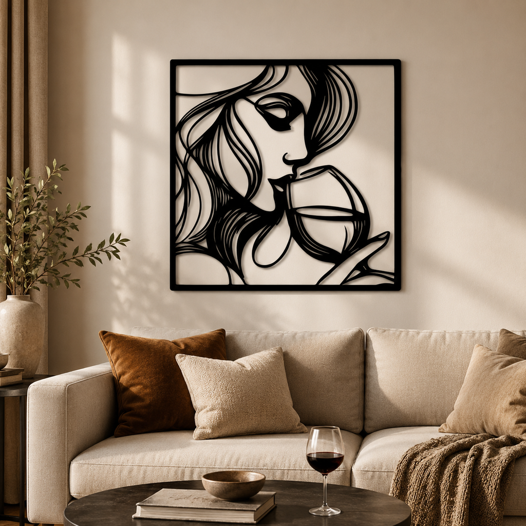 Beautiful Women With Wine Line Art Metal Art Wall Decor