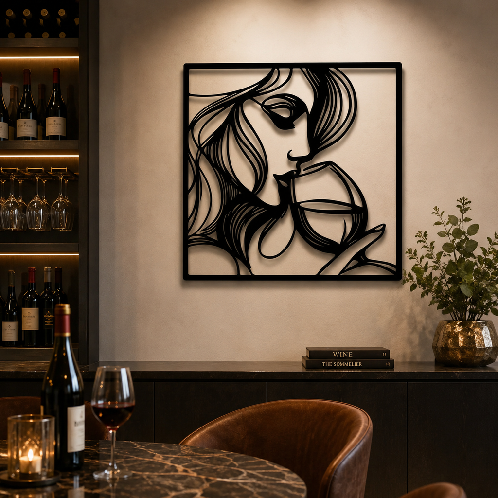 Beautiful Women With Wine Line Art Metal Art Wall Decor