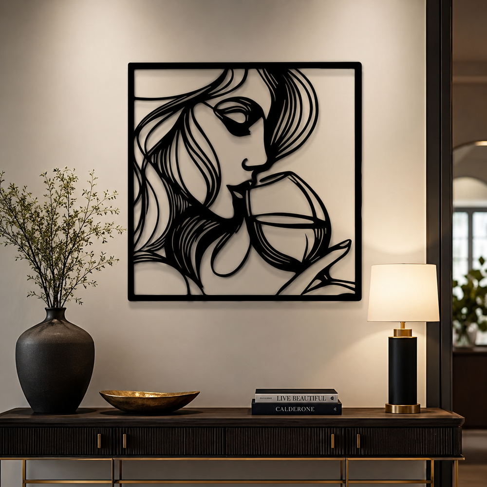 Beautiful Women With Wine Line Art Metal Art Wall Decor