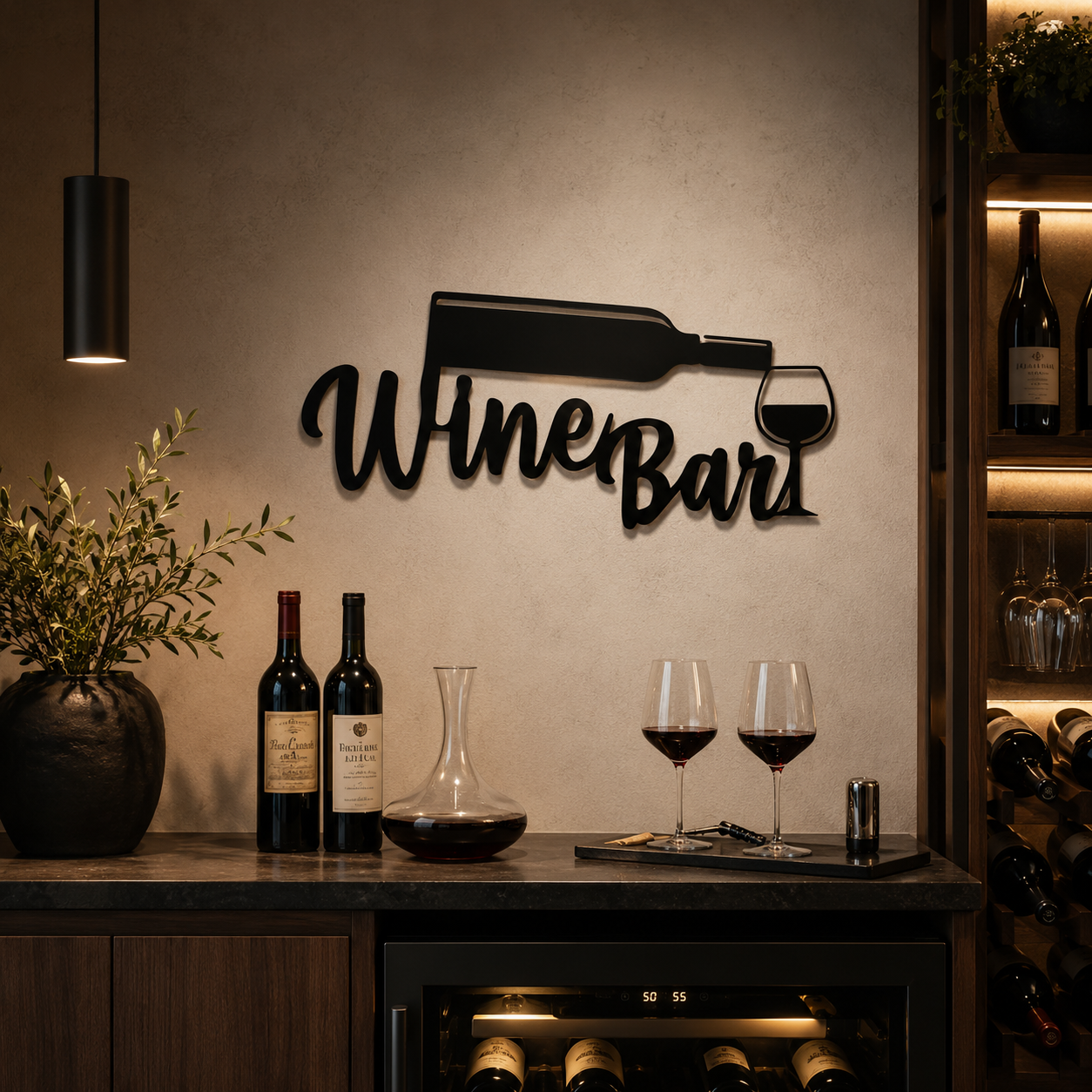 Wine Bottle with Glass Bar Sign Metal Art Wall Decor