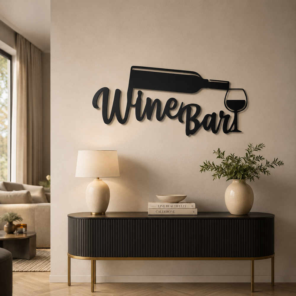 Wine Bottle with Glass Bar Sign Metal Art Wall Decor