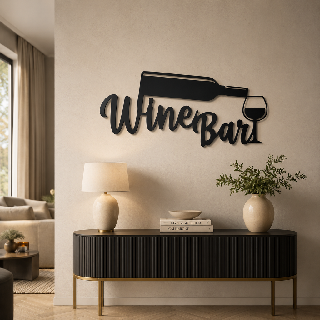 Wine Bottle with Glass Bar Sign Metal Art Wall Decor