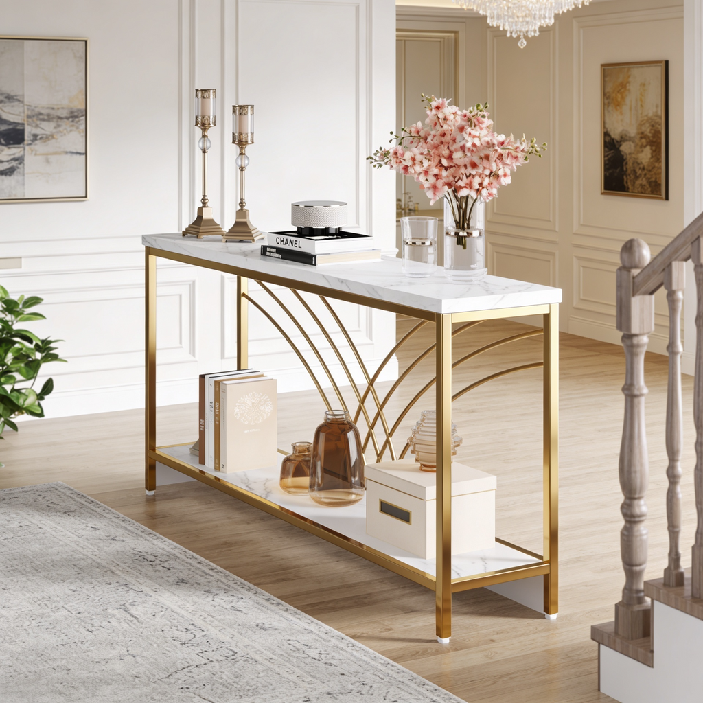 Premium Modern Faux Marble Console Table with 2 Tier Storage Shelf