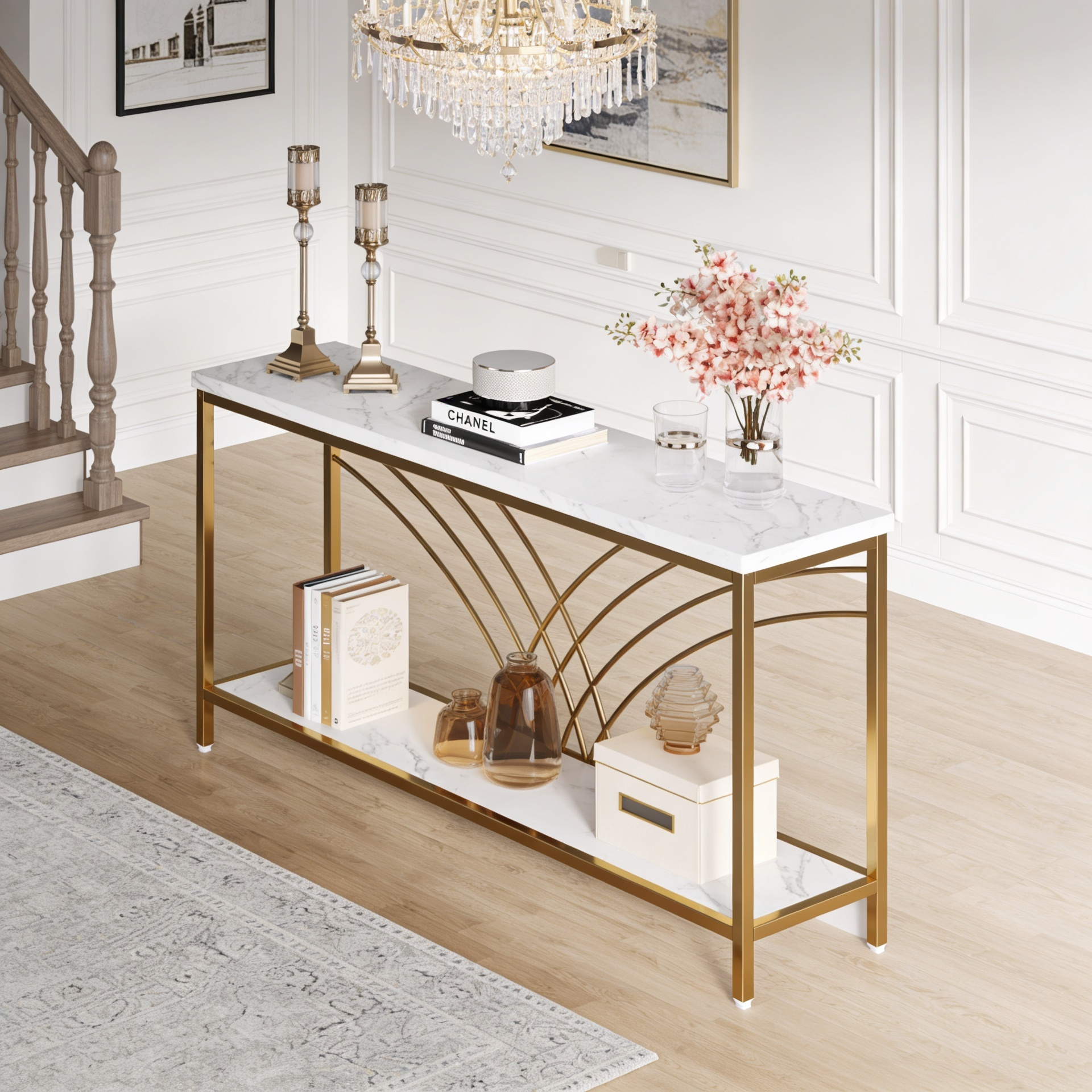 Premium Modern Faux Marble Console Table with 2 Tier Storage Shelf