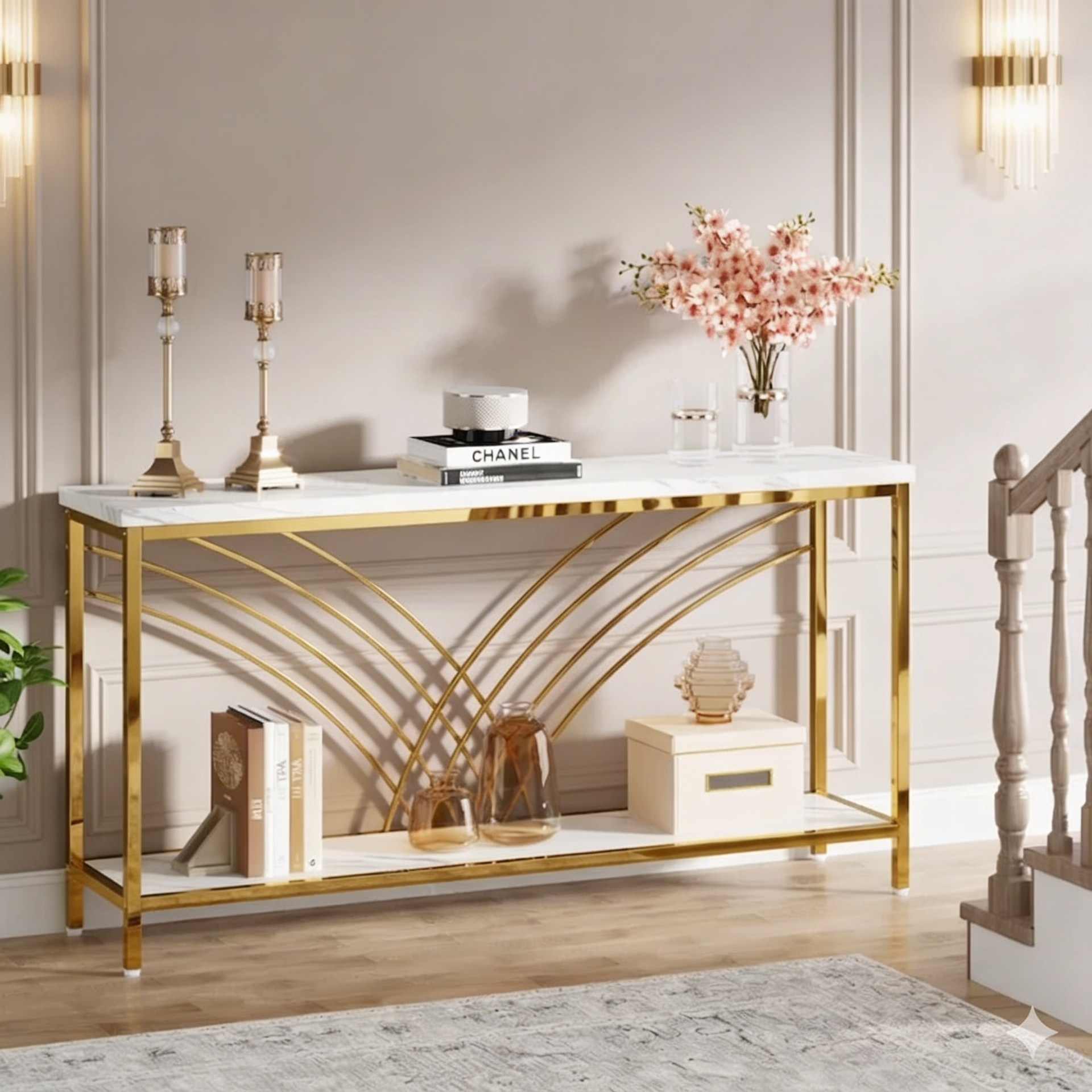 Premium Modern Faux Marble Console Table with 2 Tier Storage Shelf