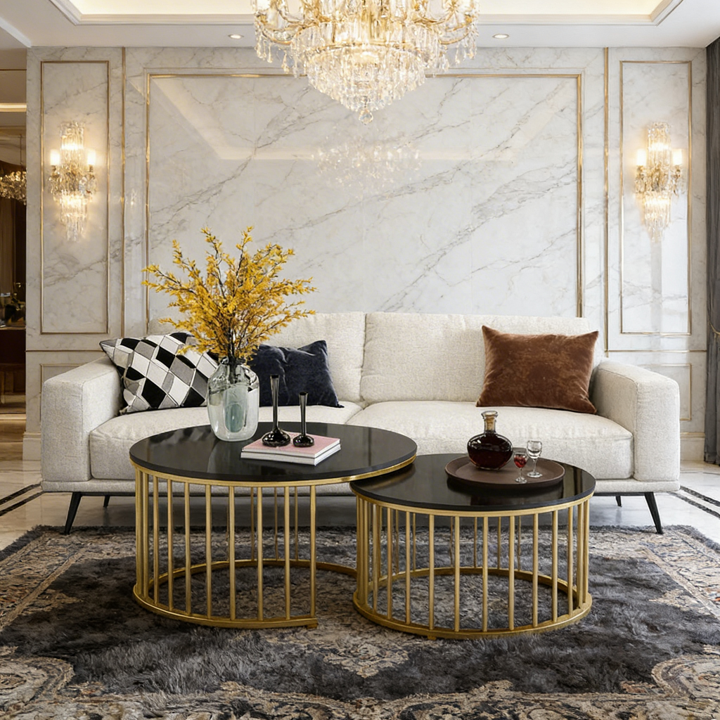 Premium Golden Caged with Black Marble Table Set of 2